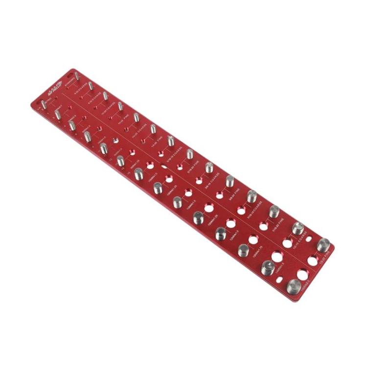 Red thread pitch gauge board with numbered slots and threaded fitting holes