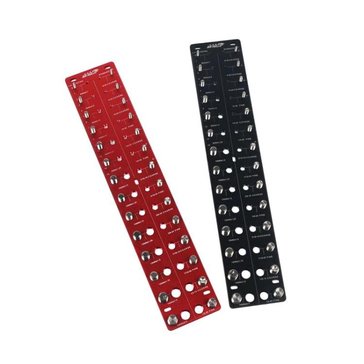 Thread pitch gauge set with red and black boards and threaded stud holes
