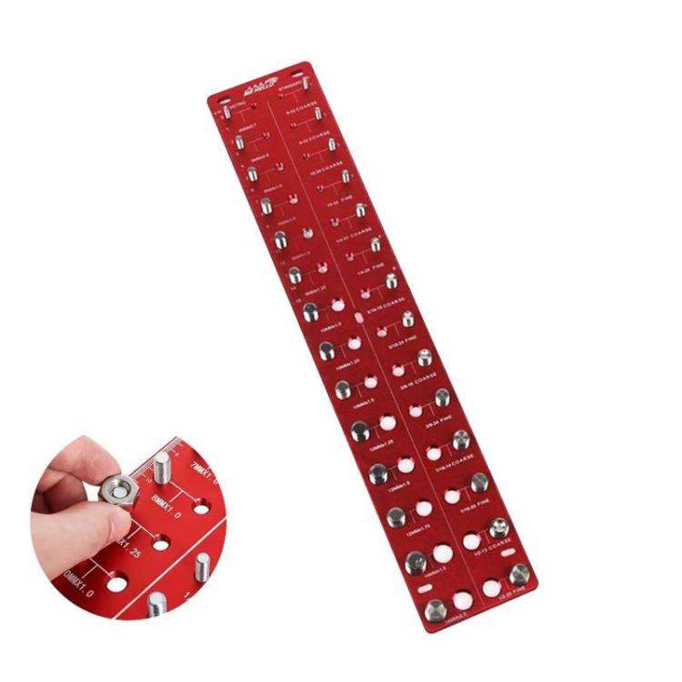 Red thread pitch gauge board with hand holding a metal insert for thread checking