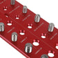 Close-up of red thread pitch gauge with labeled thread size posts and holes