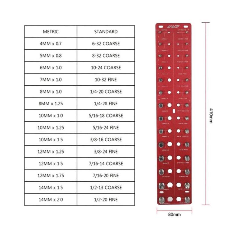 Red thread pitch gauge with metric-to-standard size chart and tool dimensions