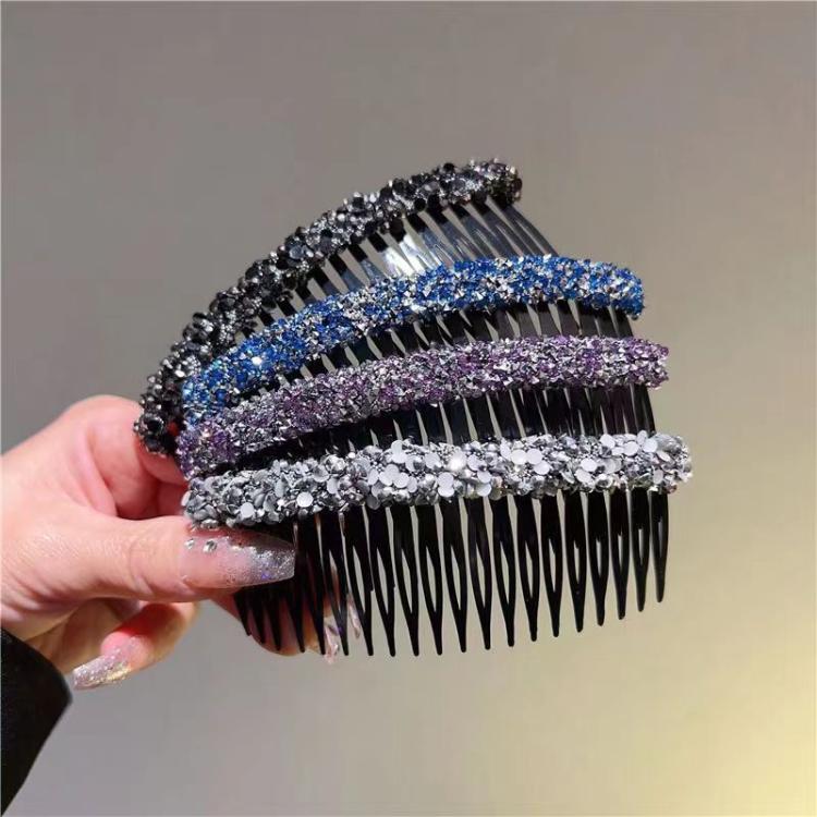 Sparkly hair clip comb with black base and blue, purple, and silver rhinestone bands