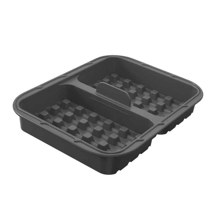 Air fryer waffle baking pan with textured waffle cavities and raised center handle