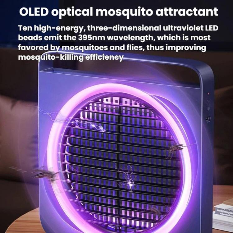 Mosquito killer with purple glowing ring and internal grid, with mosquito silhouettes