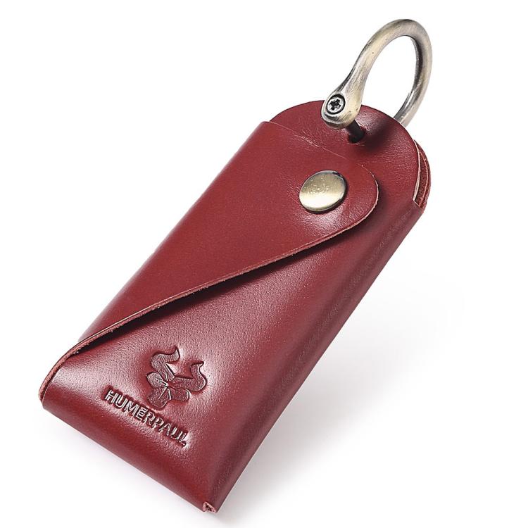 Leather key pouch in red with metal keyring and snap button closure