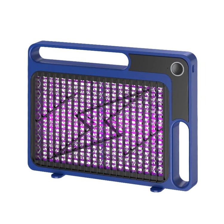 Electric mosquito trap with glowing purple UV grid and blue frame, dark mesh window