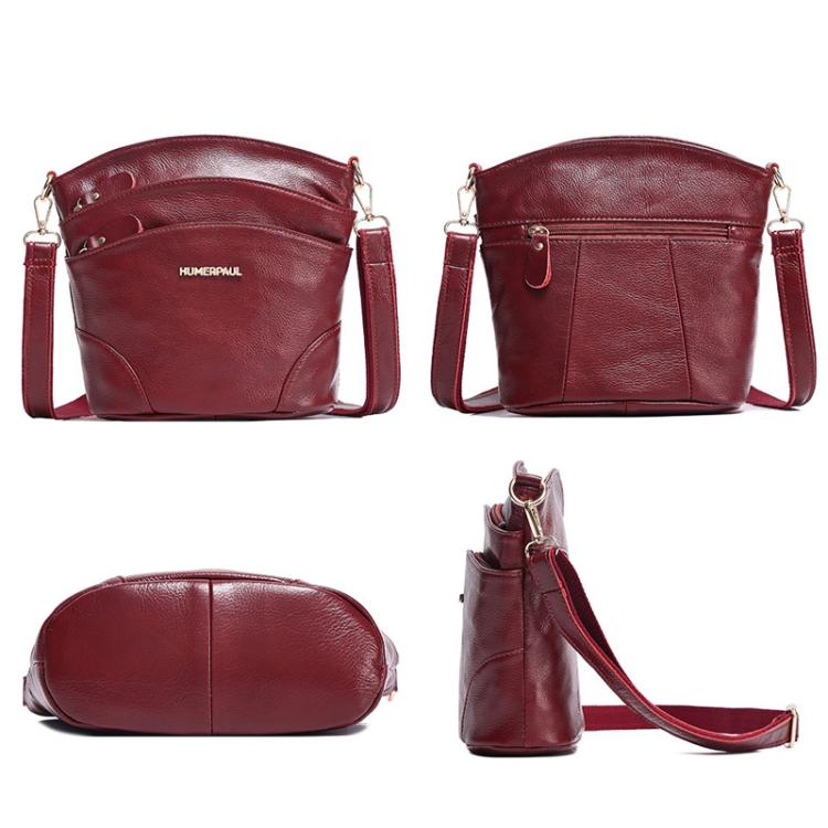 Red leather crossbody bag, front and back views with top flap and side pockets