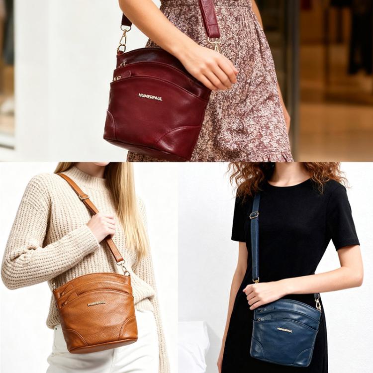 Women’s leather crossbody bags in burgundy, tan, and blue worn across shoulder