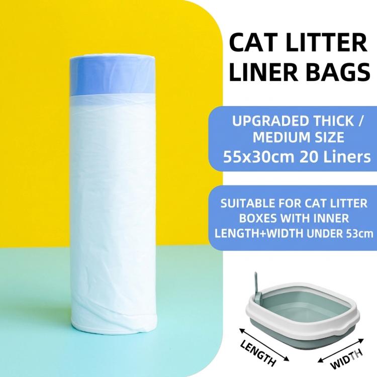 White cat litter liner bag roll with blue top lid beside litter tray