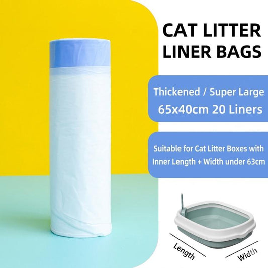 White cat litter liner bag roll with blue top lid beside litter tray