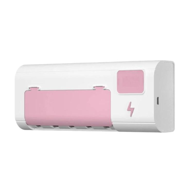 White wall-mounted toothbrush sanitizer stand with pink charging holder and small display window