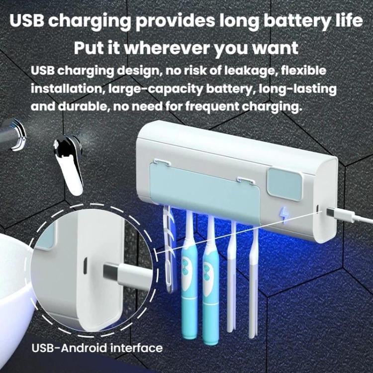 Wall toothbrush sanitizer stand holding four toothbrushes with blue UV light