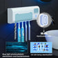 Toothbrush sanitizer stand with circular UV glow and three toothbrushes inserted