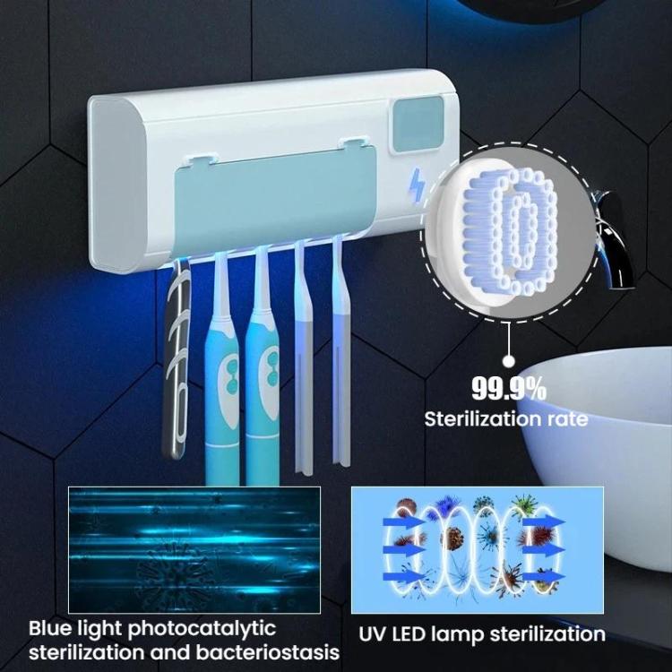 Toothbrush sanitizer stand with circular UV glow and three toothbrushes inserted