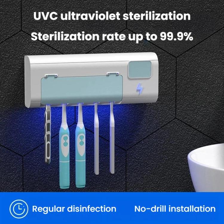 Wall-mounted toothbrush sanitizer stand with blue UV light and four toothbrushes