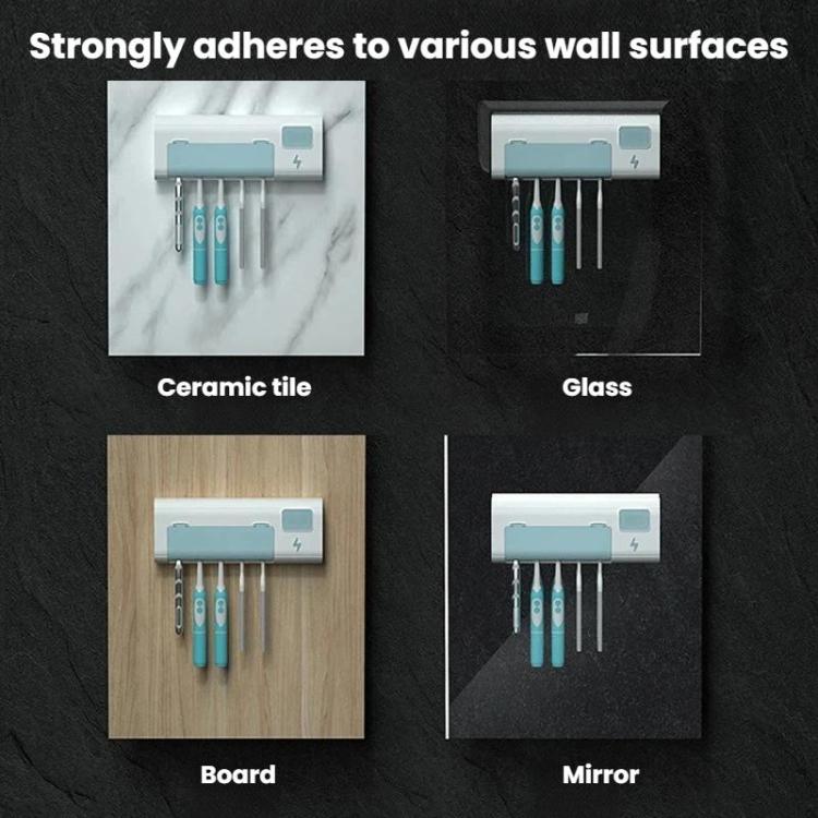 Toothbrush sanitizer stand shown mounted on tile, glass, wood board, and mirror surfaces