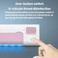 Pink toothbrush sanitizer stand with a hand pressing the control button