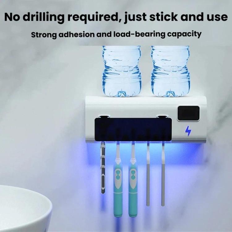 White UVC toothbrush sanitizer charging stand with blue-lit slots for brushes