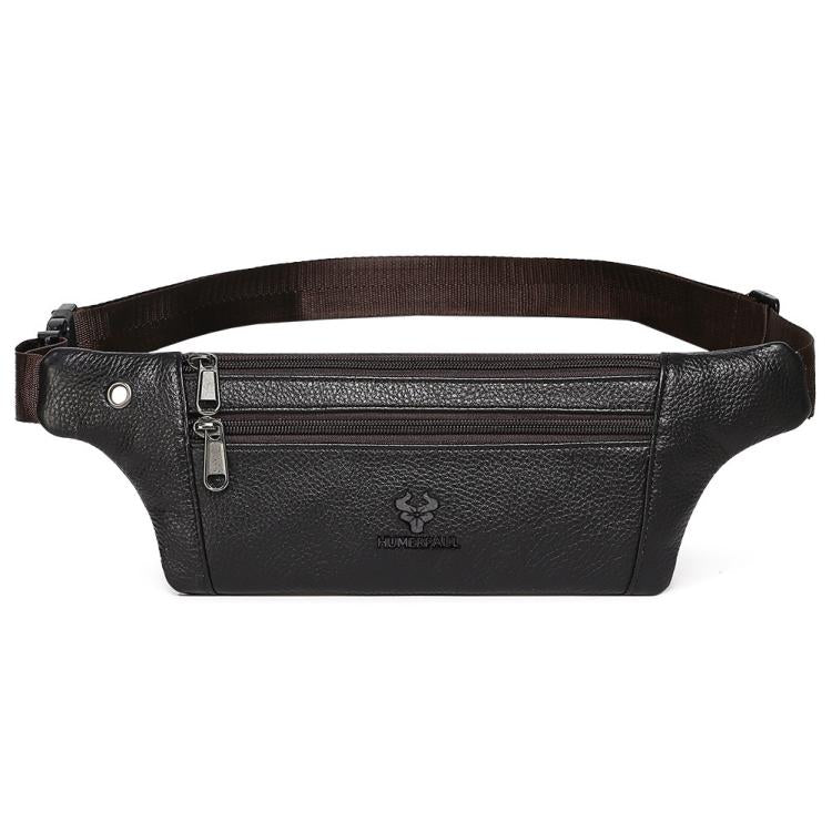 Men's black leather waist bag with front zip pockets and adjustable belt strap