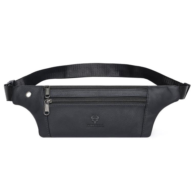 Men's black leather waist bag with wide front zip, logo emblem, and adjustable strap