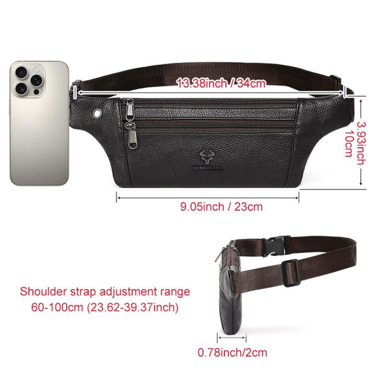 Men's black leather waist bag with three front zip lines and metal strap D-rings