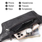 Men's black leather waist bag open view showing phone and card wallet compartments