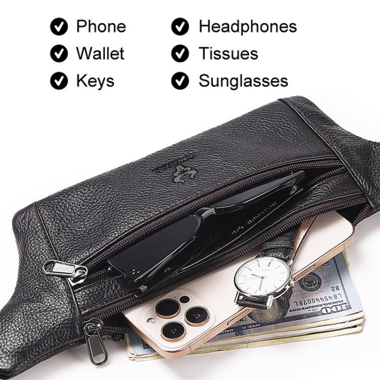 Men's black leather waist bag open view showing phone and card wallet compartments