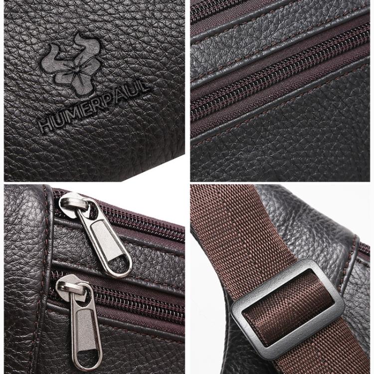 Men's black leather waist bag close-up: embossed logo, dual zippers, metal clips