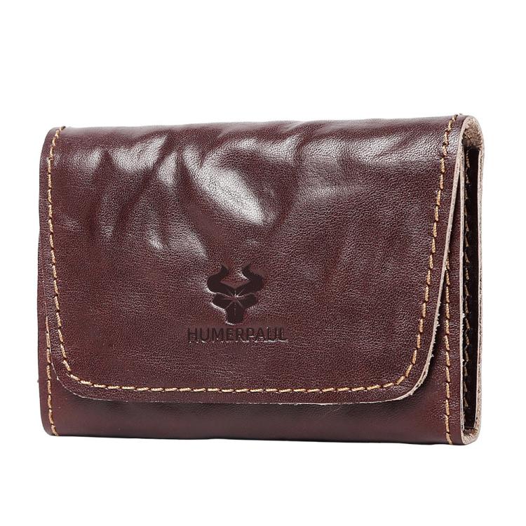 Brown leather credit card wallet with front flap, tan stitching, and embossed logo.