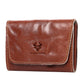 Light brown leather credit card wallet with front flap, tan stitching, and embossed logo.