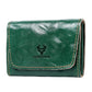 Green leather credit card wallet with front flap, tan stitching, and embossed logo.