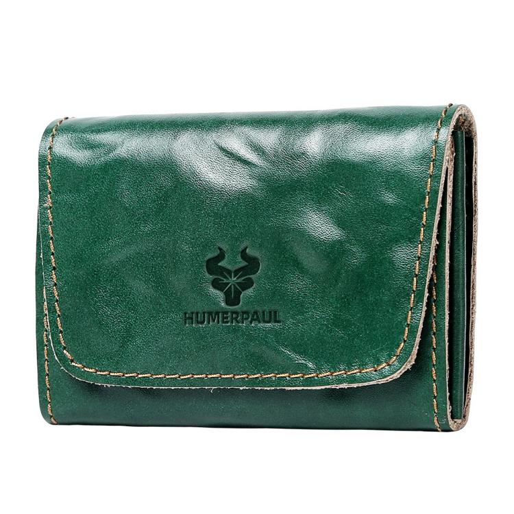 Green leather credit card wallet with front flap, tan stitching, and embossed logo.