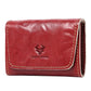 Red leather credit card wallet with front flap, tan stitching, and embossed logo.