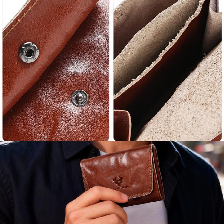 Brown leather wallet with metal snap and beige fabric lining inside.