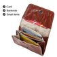 Opened brown leather credit card wallet with card, banknote, and small item compartments.