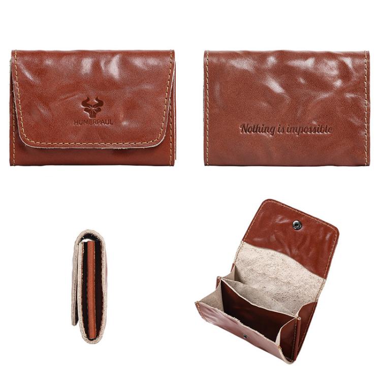Brown leather credit card wallet with snap front flap and interior card/storage sections.