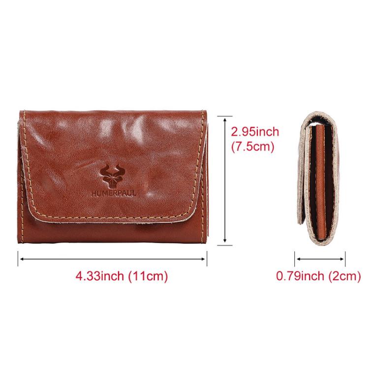 Brown leather credit card wallet with coin pouch, front flap and stitched edge
