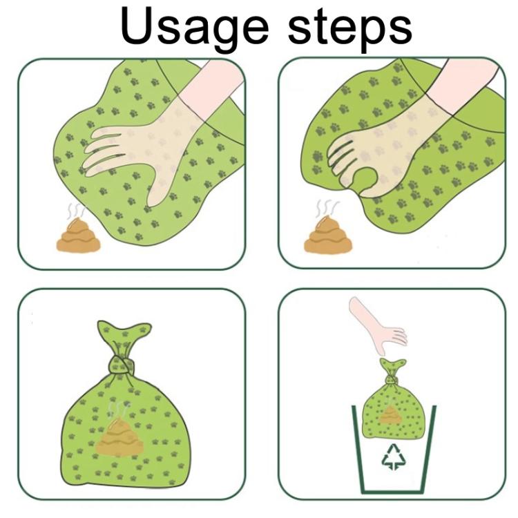 Usage steps illustration for green paw-print dog poop bags
