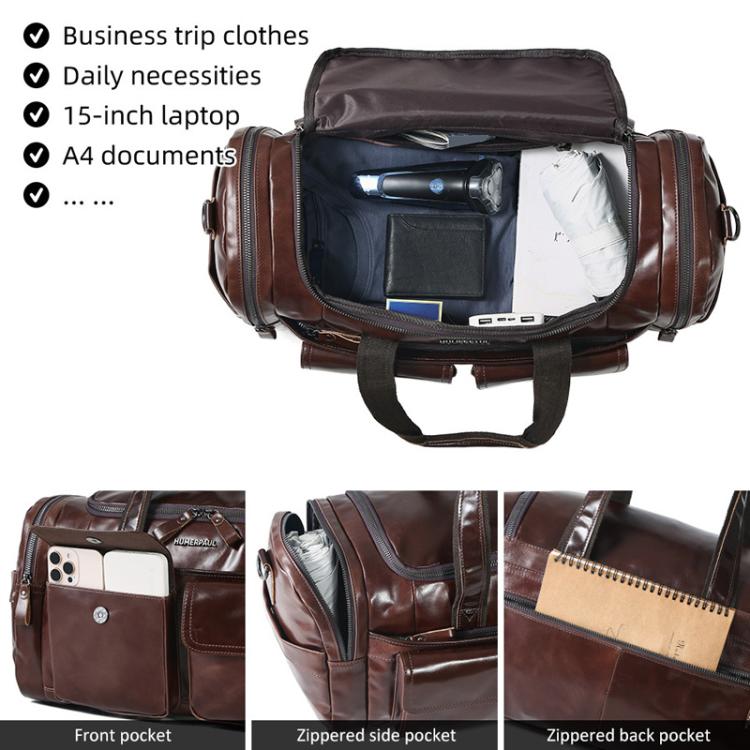 Brown leather duffel with zip-open top showing compartments for laptop and documents