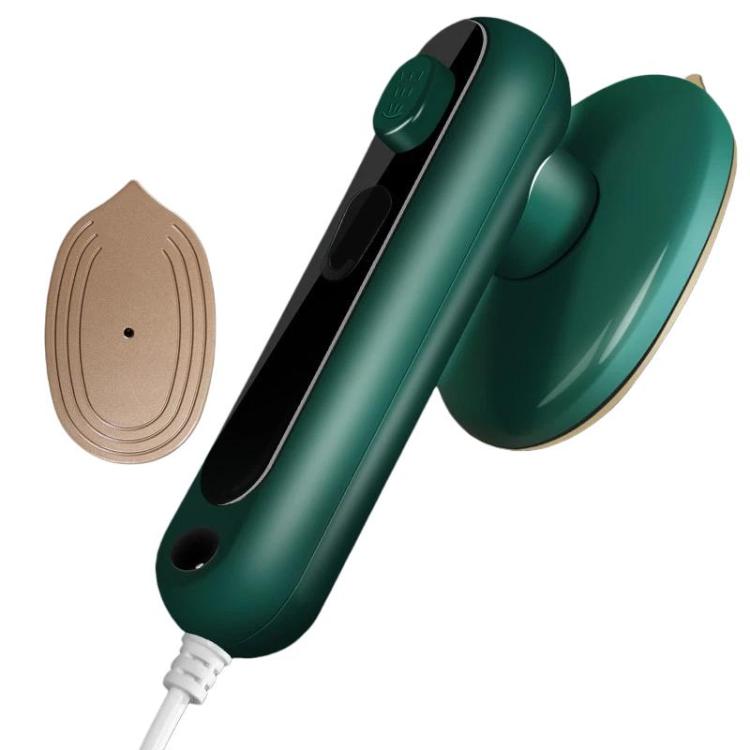 Green handheld garment steamer with rounded steam plate and power button