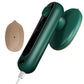 Green portable handheld garment steamer with wide circular steam plate