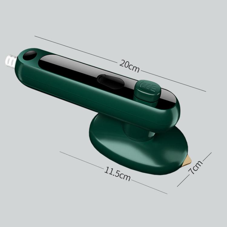 Green portable garment steamer with compact wand base, shown with dimensions
