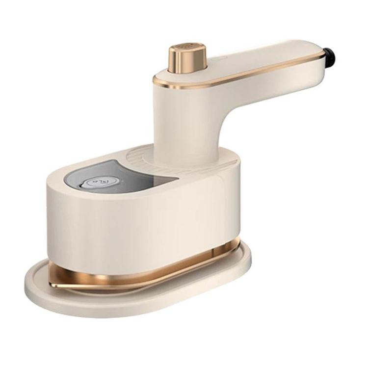 White handheld garment steamer with gold accents and built-in base stand