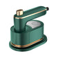 Green handheld garment steamer with gold accents and compact base stand