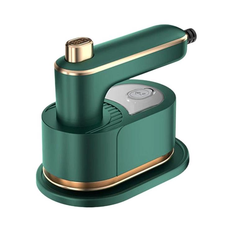 Green handheld garment steamer with gold accents and compact base stand