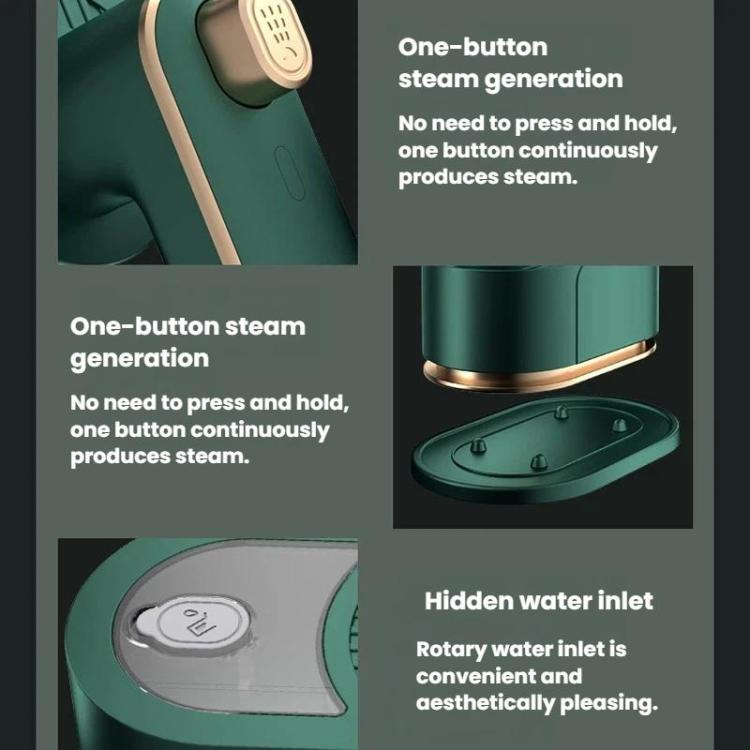 Green handheld garment steamer close-up of control area and base opening
