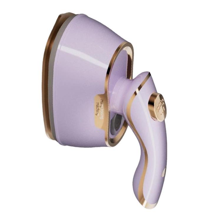 Side view of portable handheld steam iron in purple with gold trim and nozzle