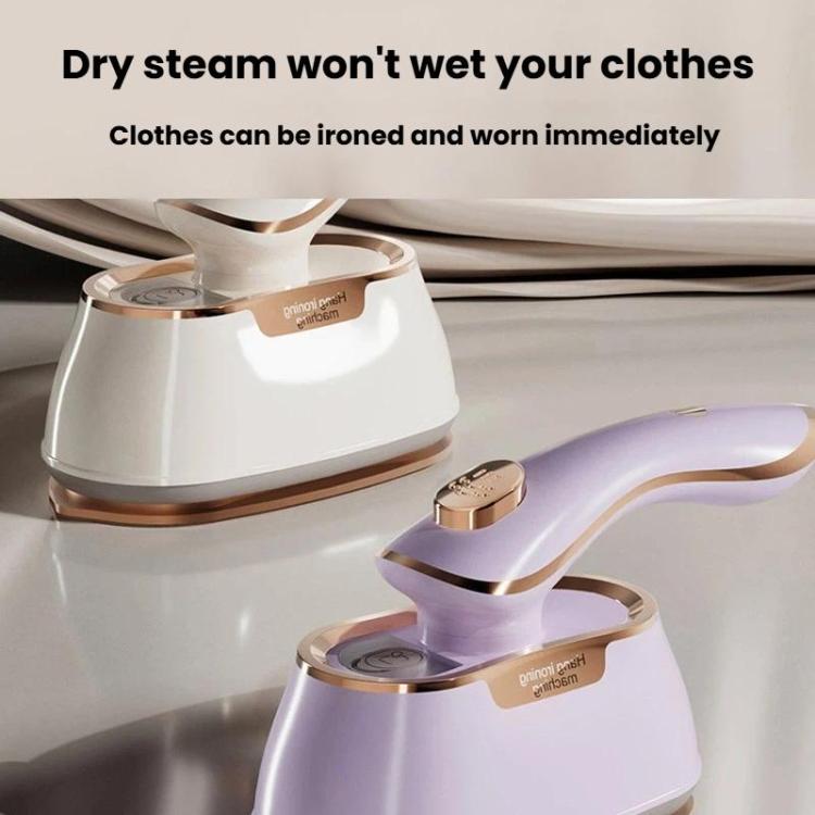 White and lavender handheld steam irons on fabric surfaces
