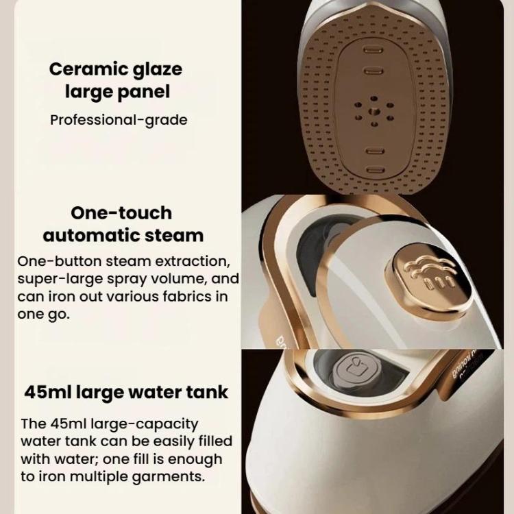 White handheld steam iron with perforated plate and control buttons