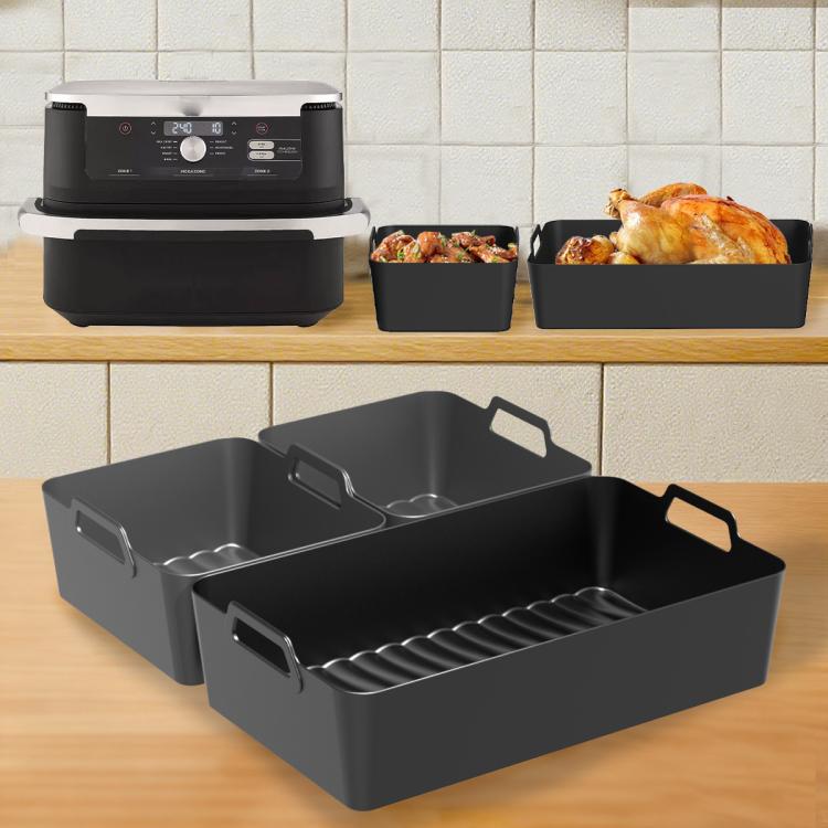 Black silicone air fryer liner trays set with ridged base for dual cooking